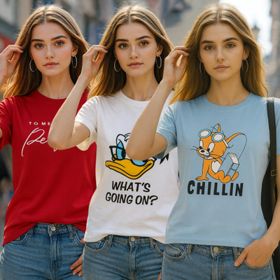 Fabflee Printed Women Round Neck Multicolor T-Shirt