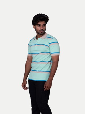 radprix Solid, Striped Men Polo Neck Green T-Shirt