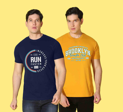 WOOSTRO Printed Men Round Neck Blue, Yellow T-Shirt