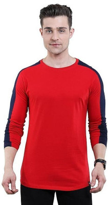 Texman Solid Men Round Neck Dark Blue, Red T-Shirt