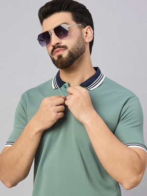 Merriment Solid Men Polo Neck Light Green T-Shirt
