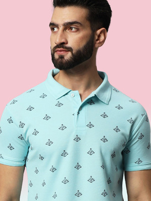 SINDHIGARMENT Printed Men Polo Neck Blue T-Shirt
