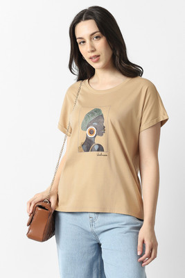 VAN HEUSEN Graphic Print Women Round Neck Beige T-Shirt