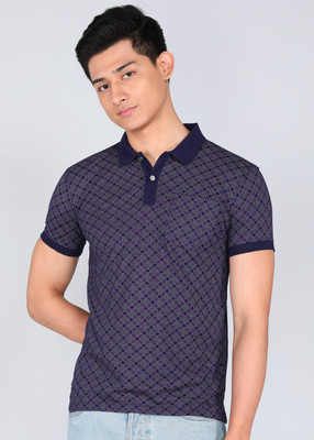 PETER ENGLAND Printed Men Polo Neck Blue T-Shirt