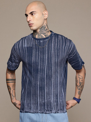 R.Code by The Roadster Life Co. Striped Men Round Neck Blue T-Shirt