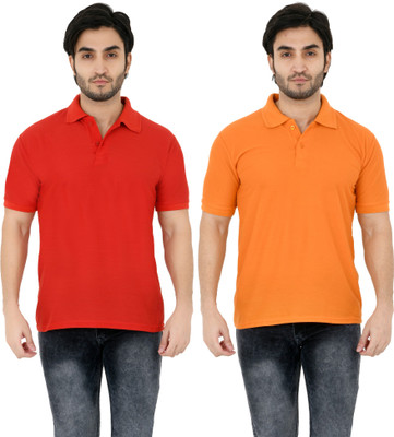 YUALIN CREATION Solid Men Polo Neck Orange, Red T-Shirt