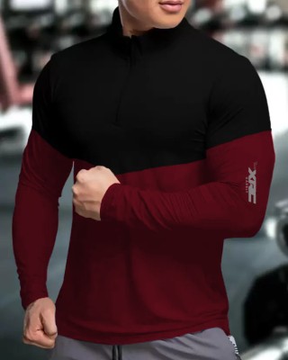 GAARRBLY Colorblock Men Henley Neck Maroon, Black T-Shirt