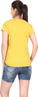 Angel Curve Printed Women Round Neck Yellow T-Shirt