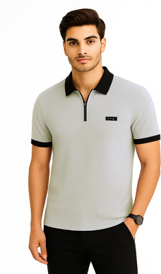 R ROCKIN TEES Solid Men Zip Neck Grey T-Shirt
