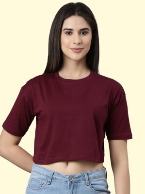 Kryptic Solid Women Round Neck Maroon T-Shirt