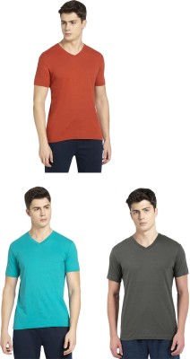 JOCKEY Solid Men V Neck Orange, Light Green, Dark Green T-Shirt