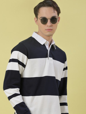 V-MART Striped Men Polo Neck Blue T-Shirt