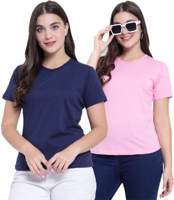 MARIAM ENTERPRISE Solid Women Round Neck Navy Blue, Pink T-Shirt