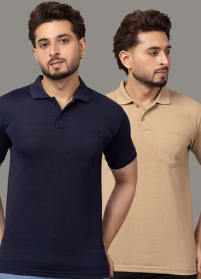 TRIUS Solid, Printed Men Polo Neck Navy Blue T-Shirt