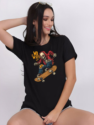 Moda Rapido Self Design Women Round Neck Black T-Shirt