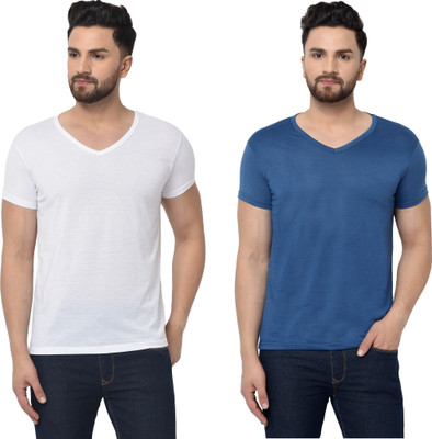 Adorbs Trend Solid Men V Neck Dark Blue, White T-Shirt