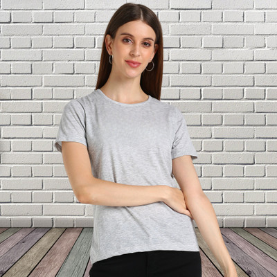 SHASHVI Solid Women Round Neck Grey T-Shirt