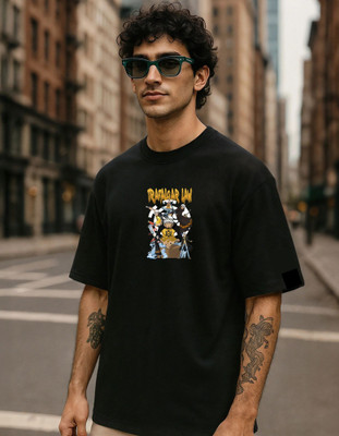 Hoffbuddy Graphic Print, Cartoon Men Round Neck Black T-Shirt