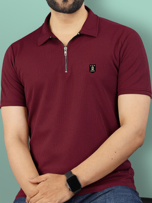 VeBNoR Solid Men Zip Neck Maroon T-Shirt
