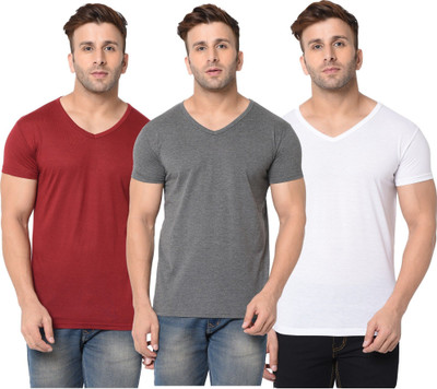 JB Jagoboy Solid Men V Neck White, Maroon, Grey T-Shirt