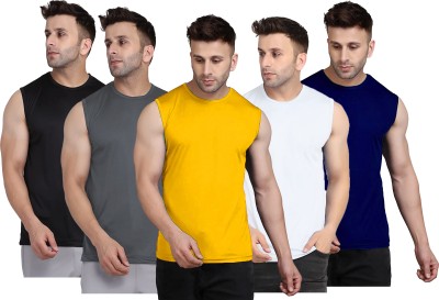 UDI n ADI Solid Men Round Neck Yellow, Grey, Black, White, Navy Blue T-Shirt