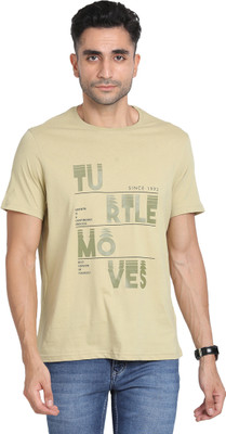 TURTLE Printed Men Crew Neck Beige T-Shirt