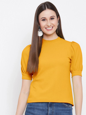 FEBVIBE Casual Self Design Women Yellow Top