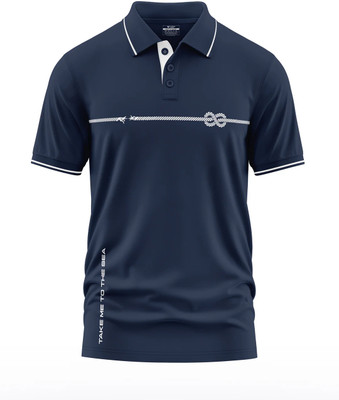 Warriorworld Printed Men Polo Neck Navy Blue T-Shirt