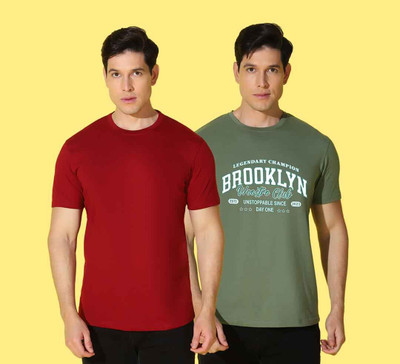 WOOSTRO Solid, Printed Men Round Neck Maroon, Light Green T-Shirt