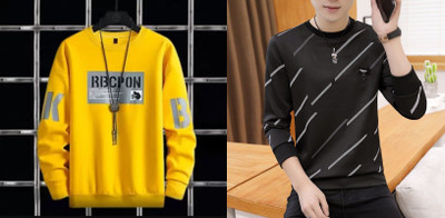 MUUNKEY Printed Men Round Neck Black, Grey, Yellow T-Shirt