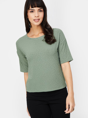 MAX Printed Women Round Neck Green T-Shirt