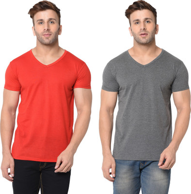 Adorbs Trend Solid Men V Neck Red, Grey T-Shirt