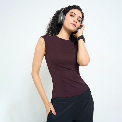 Ajile By Pantaloons Solid Women Round Neck Brown T-Shirt