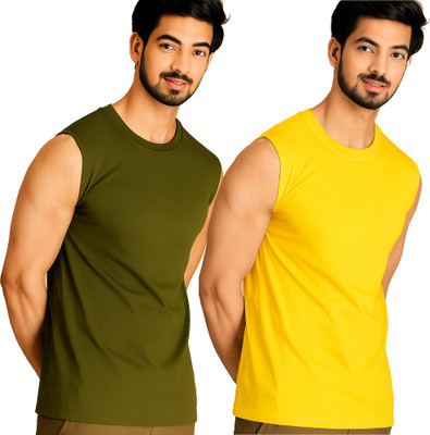 Jangoboy Solid Men Round Neck Dark Green, Yellow T-Shirt