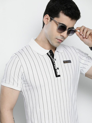 The Indian Garage Co. Striped Men Polo Neck White T-Shirt