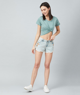 Chimpaaanzee Solid Women Round Neck Green T-Shirt