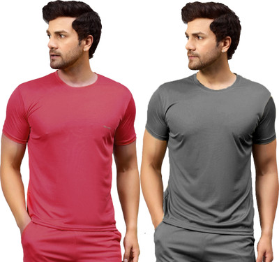 UDI n ADI Solid Men Round Neck Maroon, Grey T-Shirt