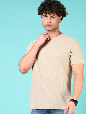 V-MART Solid Men Round Neck Beige T-Shirt