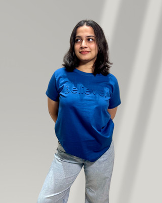 GRAY SPACE Printed Women Round Neck Blue T-Shirt