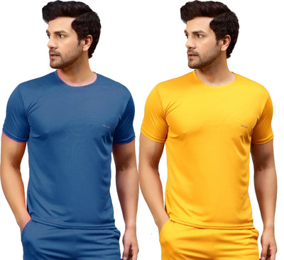 UDI n ADI Solid Men Round Neck Dark Blue, Yellow T-Shirt