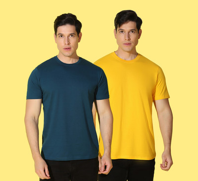WOOSTRO Solid Men Round Neck Blue, Yellow T-Shirt