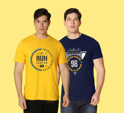 WOOSTRO Graphic Print Men Round Neck Blue, Yellow T-Shirt
