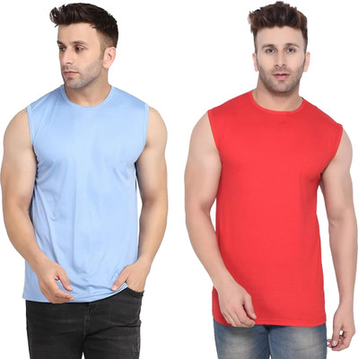 Jangoboy Solid Men Crew Neck Blue, Red T-Shirt