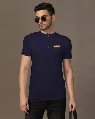 Lawful Casual Printed Men Mandarin Collar Navy Blue T-Shirt
