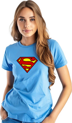 JEDFER Superhero, Graphic Print Women Round Neck Light Blue T-Shirt