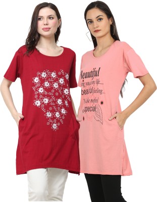 Ddaspration Printed Women Round Neck Red, Pink T-Shirt