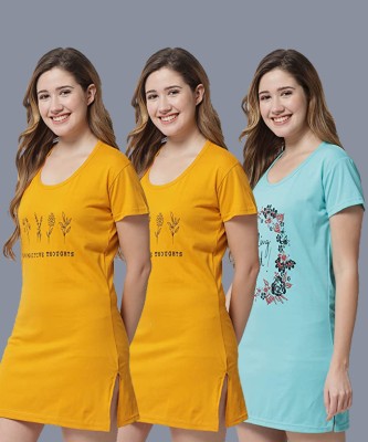 ANIXA Printed Women Round Neck Yellow, Light Blue T-Shirt