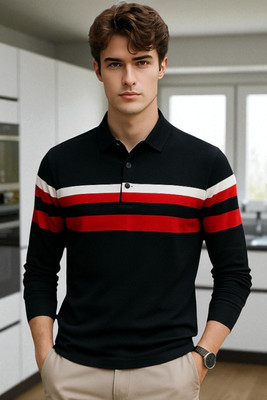 Autna Striped Men Polo Neck Black T-Shirt