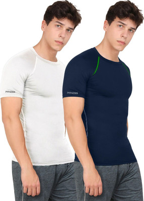 Kyk Solid Men Round Neck Dark Blue, White T-Shirt