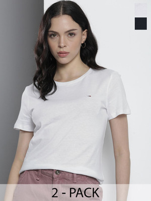 TOMMY HILFIGER Solid Women Round Neck Navy Blue, White T-Shirt